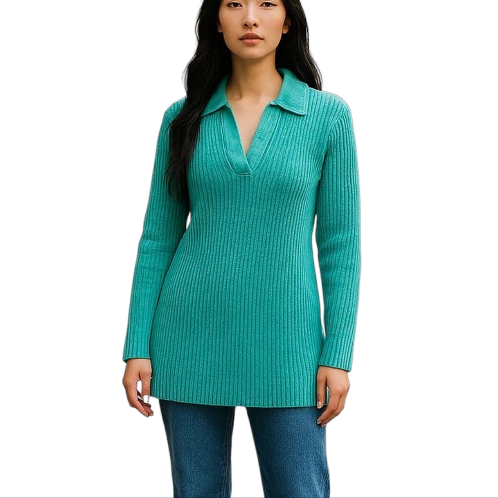 Soft Surroundings Sweater Womens PXS Rib Knit Turquoise V-Neck Beachy Blue Large